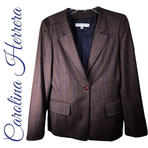 CAROLINA HERRERA Elegant Wool Cashmere Blend 1-Button Pinstriped Blazer, Size 12 - Picture 3 of 9